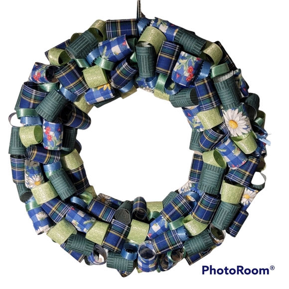 Flower and Plaid Green and Blue Ribbon Wreath - Picture 1 of 1
